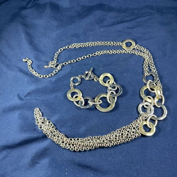 Jewelry - Two-Piece Silver & Gold-Tone Chain Necklace & Bracelet Set With Mixed Metal Circ
